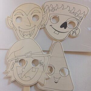 NWT Halloween 4 Wood Masks DIY Crafts Witch Dracula Candy Corn Frankenstein NEW